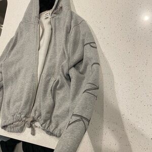 Grey PINK zip up with fuzzy hoodie